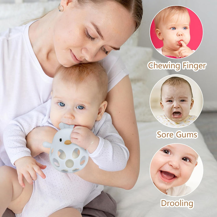 MCGMITT Baby Greifball Beissring aus BPA-freiem Silikon – Hühnchen-Rasselspielzeug Sensorik Motorik