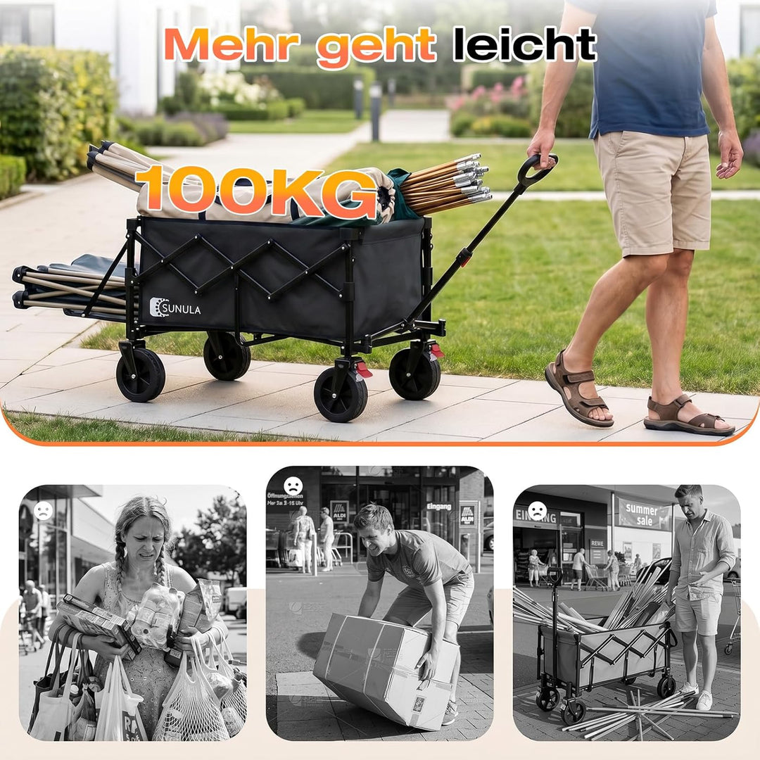SUNULA Bollerwagen Faltbar Klein mit Heckklappe klappbar 80L+35L，Handwagen mit erweiterbare Ladefläc