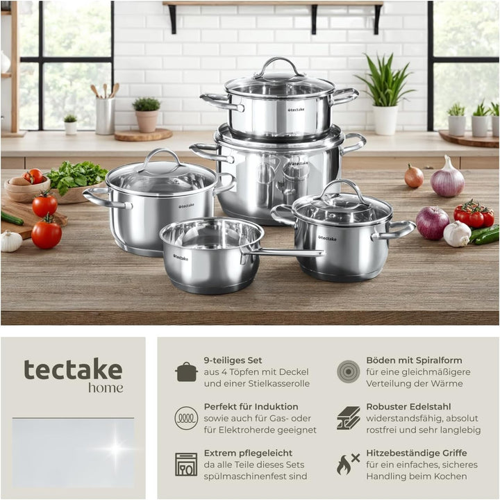 tectake® 9-tlg. Topfset, Edelstahl Kochgeschirr, Töpfe Set mit Deckel, Kochtopf Set für Induktionsko