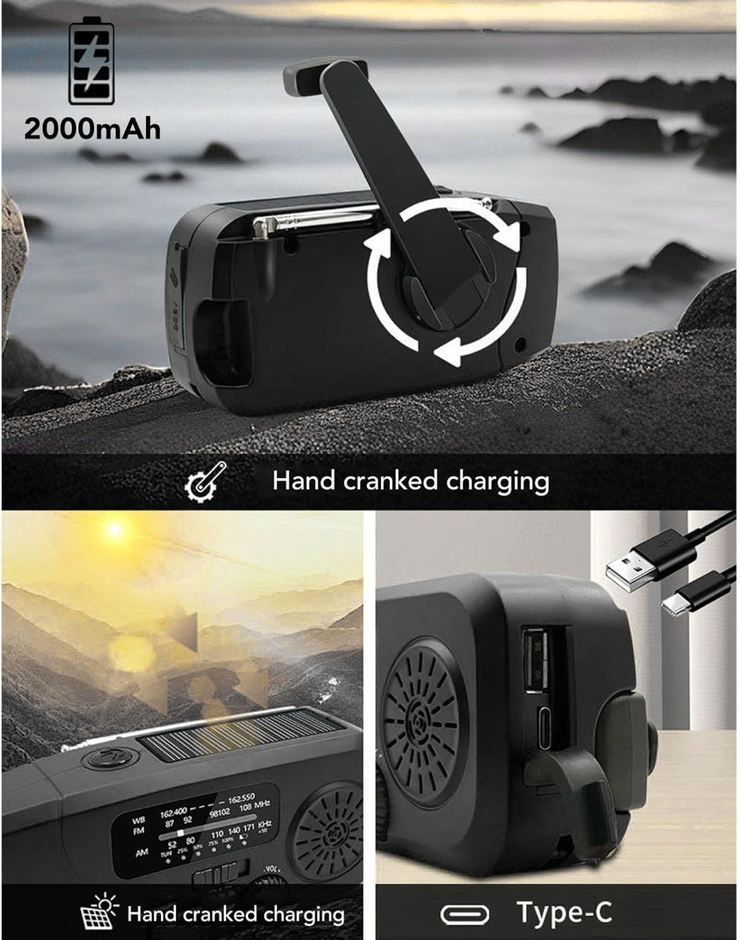 Eujgoov Emergency Radio Solar Hand Kurbel AM FM NOAA Wetteralarm mit Taschenlampe 2000mah für Campin