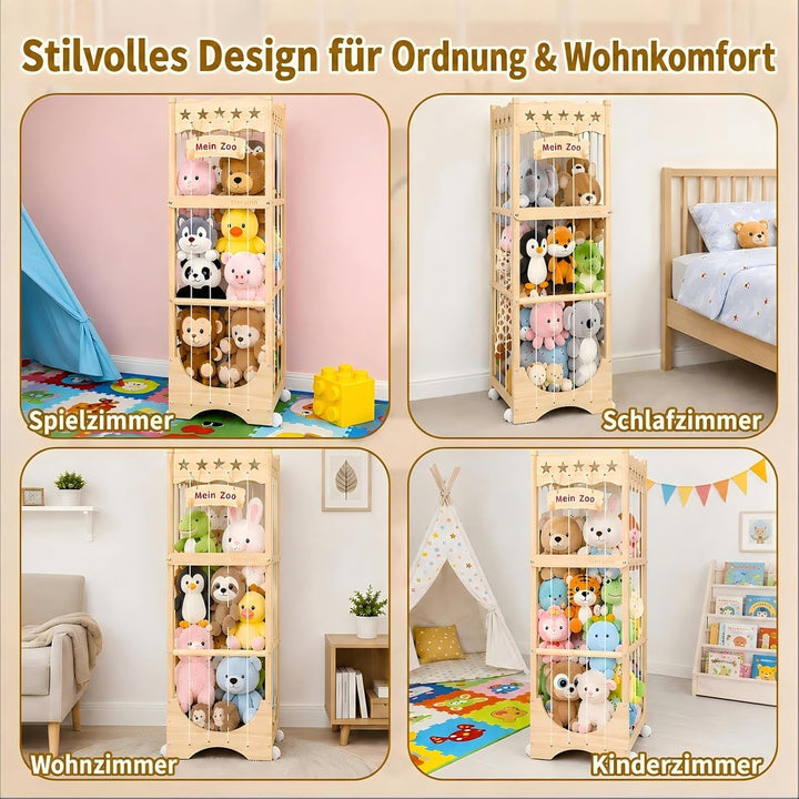 Mervino Holz Kuscheltier Aufbewahrung Plüschtier Lagerung mit 360° Rollen | Grosse Kapazität Stoffti