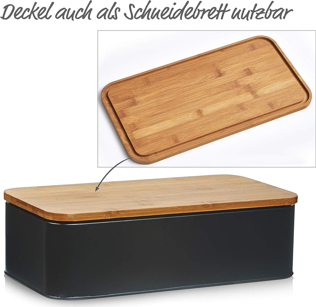 Zeller 25377 Brotkasten m. Bamboo Deckel, Metall, matt schwarz, ca. 42,5 x 23 x 13 cm, Brotbox mit B