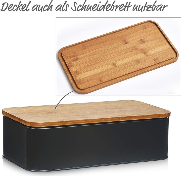 Zeller 25377 Brotkasten m. Bamboo Deckel, Metall, matt schwarz, ca. 42,5 x 23 x 13 cm, Brotbox mit B