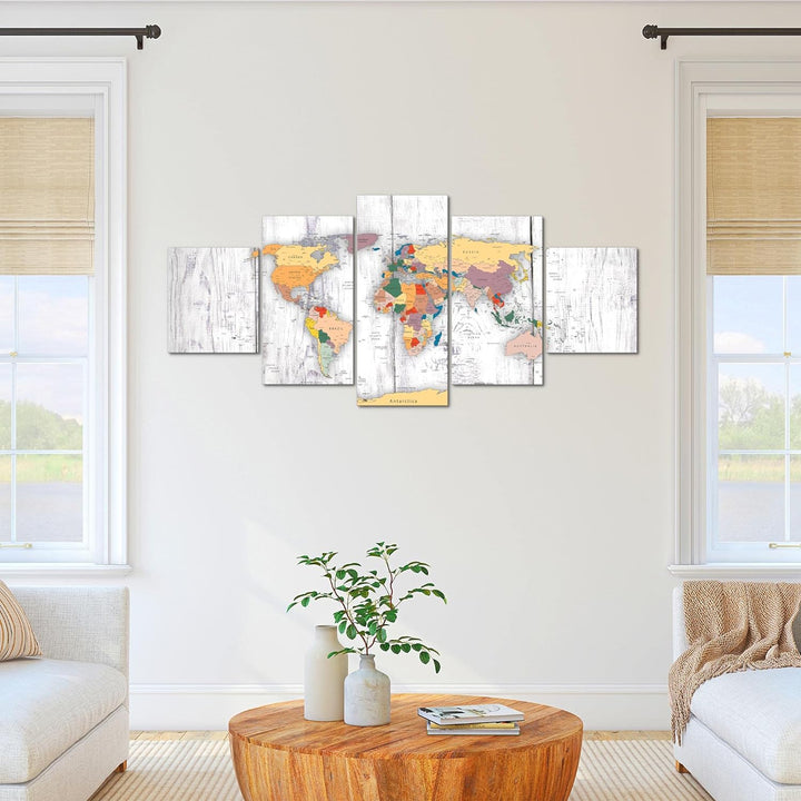 Runa Art - Bilder Weltkarte Holz 200 x 100 cm 5 Teilig XXL Wanddekoration Design Weiss 108751c 200 x
