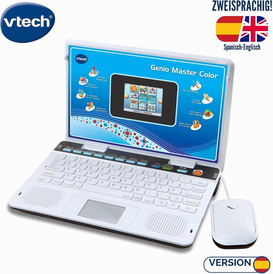 VTech Genio Zweisprachiger Master, Laptop für Kinder, Bildschirm, unterrichtet Vokabeln, Mathematik,