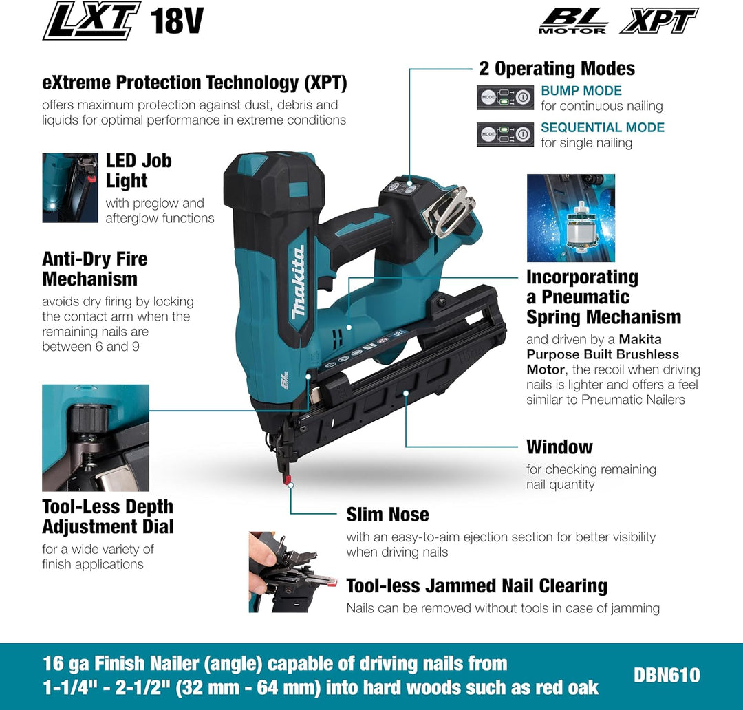 Makita DBN610Z 18 V LXT schnurloser 6,4 cm Finish-Nagler, 16-Gauge, 2 Brennmodi, abgewinkelte Nägel,