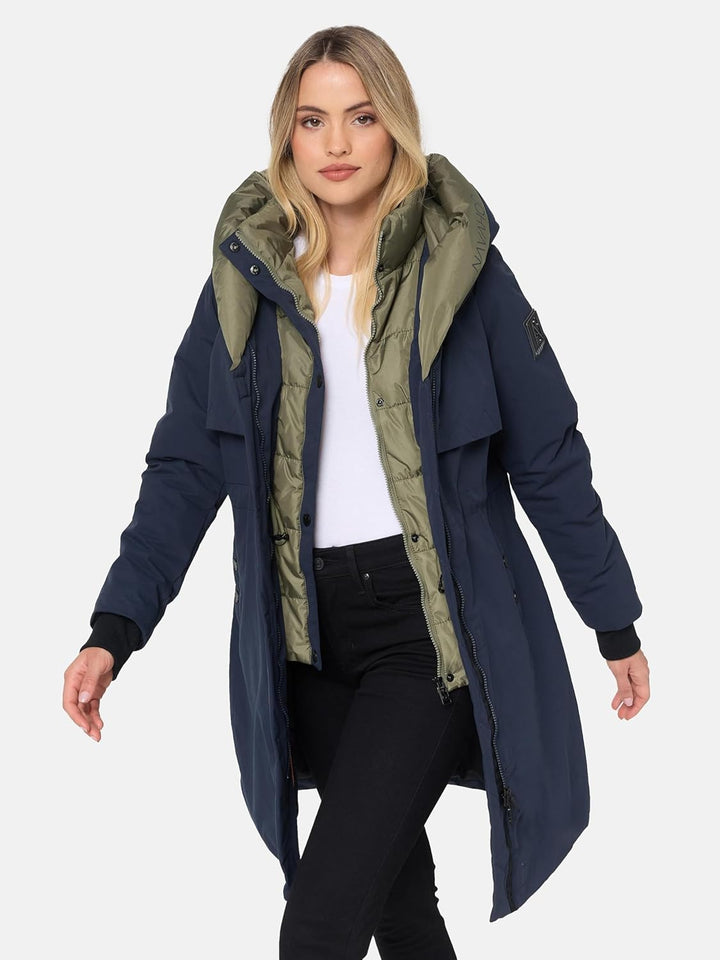 Navahoo Damen Mantel Lange warme Winter Steppjacke mit Kapuze Snowelf XS-XXL XXL Navy, XXL Navy