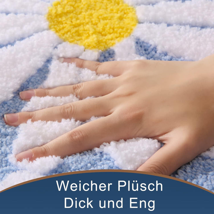 QJHOMO Blau Badezimmerteppich Niedliche Gänseblümchen Badematte rutschfest Waschbar Badteppich Weiss