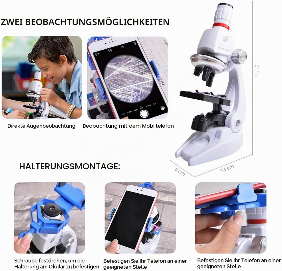 HONPHIER® Mikroskop für Kinder 100x 400x 1200x Mikroskop Spielzeug Microscope mit Telefonhalter Mikr