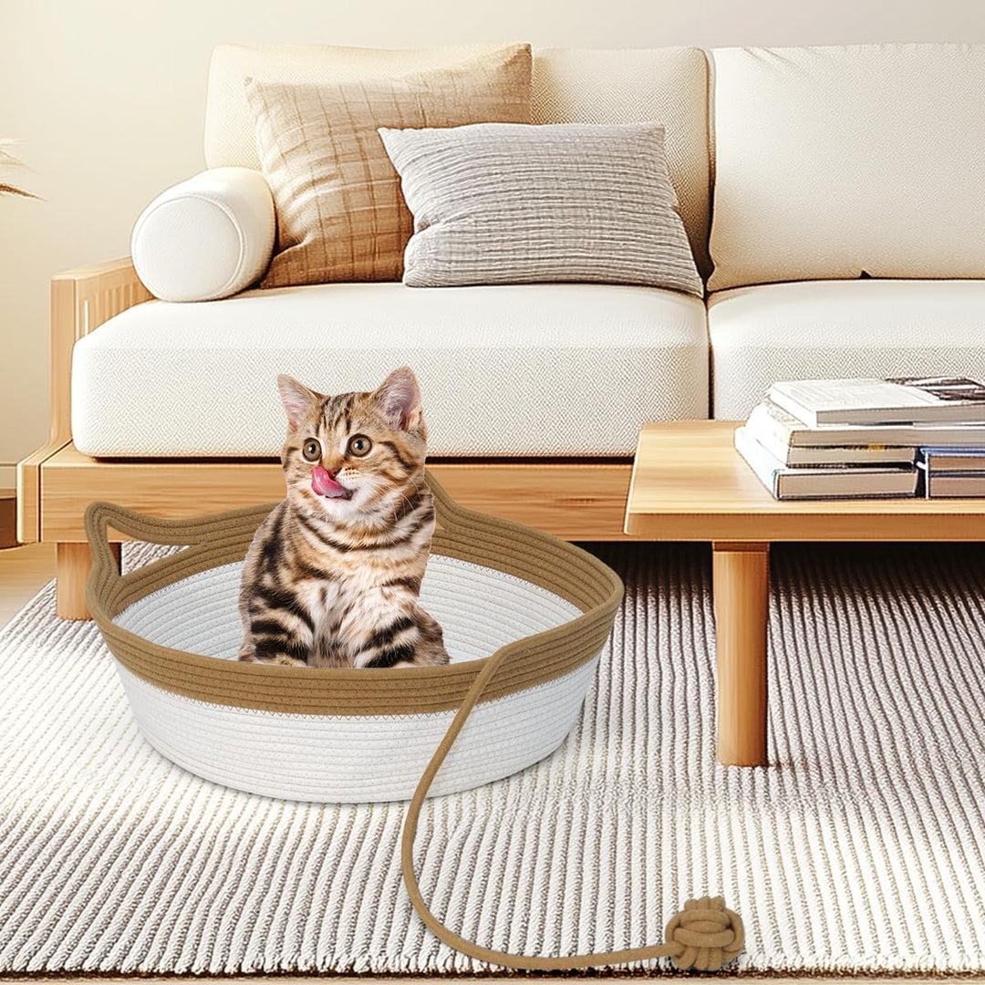 Katzenbett mit Spielzeug Schwanz, Handgewebt Langlebig Katzenkorb aus Rundbaumwollseilen als Katzens
