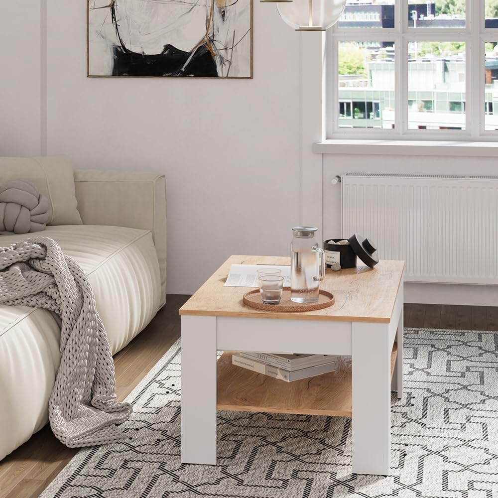 Vicco Couchtisch Milan, Wohnzimmertisch mit Schublade, Weiss/Goldkraft Eiche, 92.2 x 65 cm, Weiß