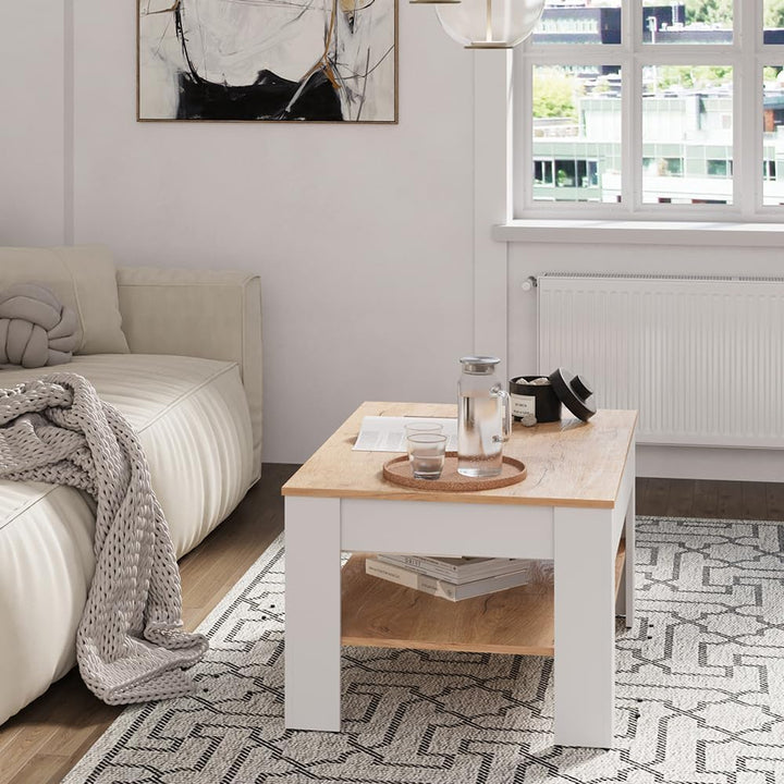 Vicco Couchtisch Milan, Wohnzimmertisch mit Schublade, Weiss/Goldkraft Eiche, 92.2 x 65 cm, Weiß