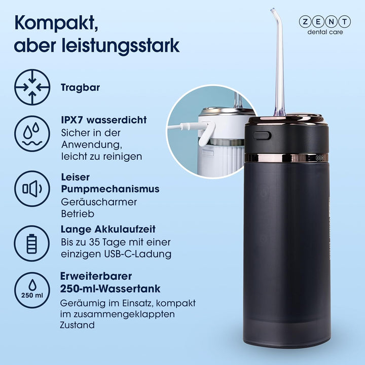 ZENT Stream+ Munddusche kabellos, Water flosser für Reise, Erweiterte 360°-Rotationstechnologie, 3 S