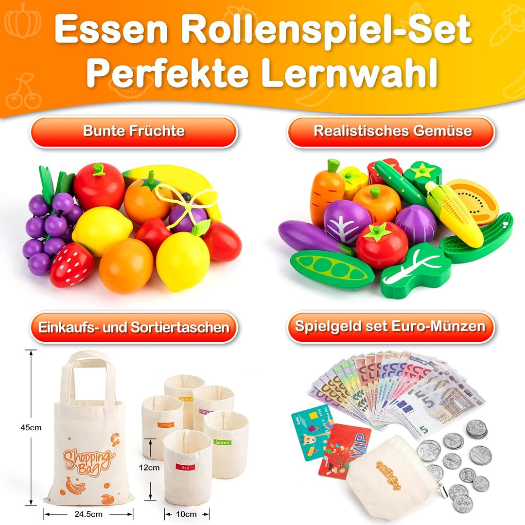 SEMKOTREE Kaufladen Zubehör Holz, Spiellebensmittel Kinderküche Zubehör, Kaufmannsladen Zubehör mit