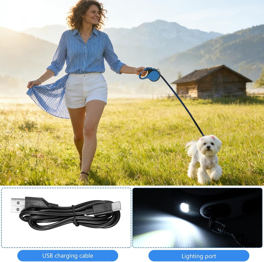 Hundeleine 5m, Blau 360° Verknotungsfreier Flexi Leine mit LED-Licht, Rollleinen für Hunde Einziehba