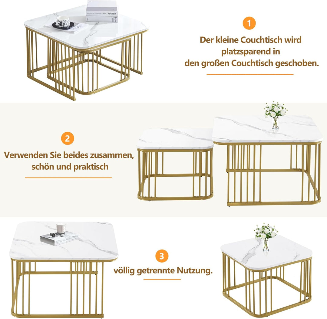 Merax Quadratisch Couchtisch 2er Set, Moderne Wohnzimmertisch mit Marmor Furnier, Hochglanz Satztisc