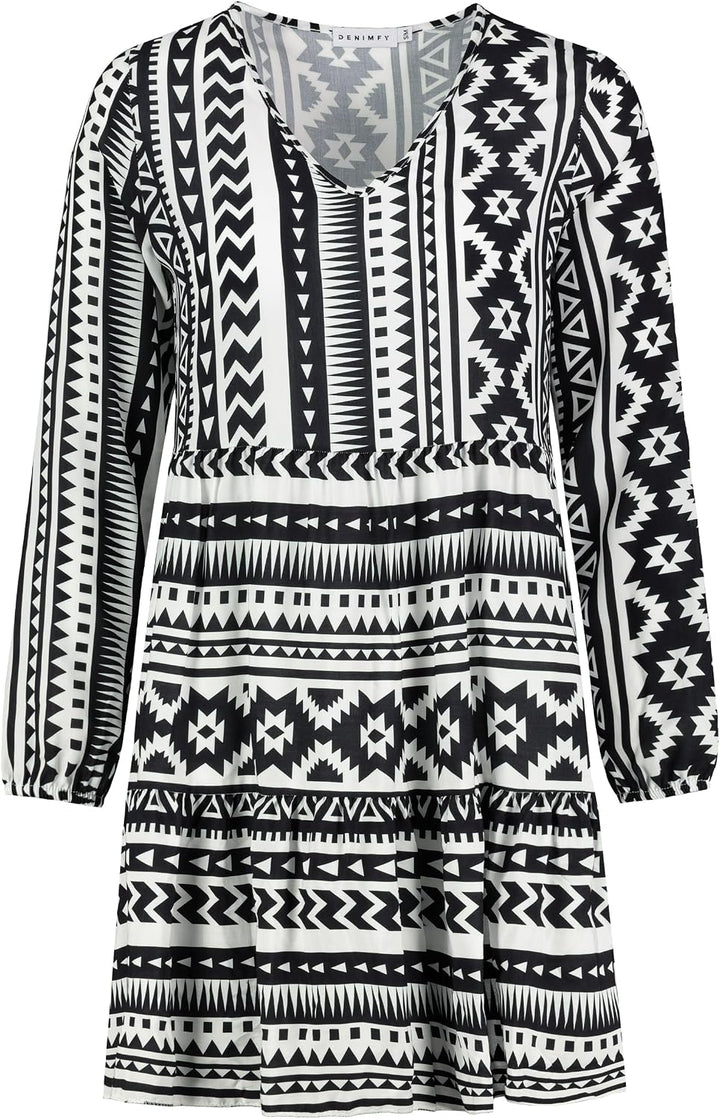 DENIMFY A Linien Kleid Damen DFIda Midikleid Kleider Strandkleid Sommerkleid Sommer Blumenmuster Ele