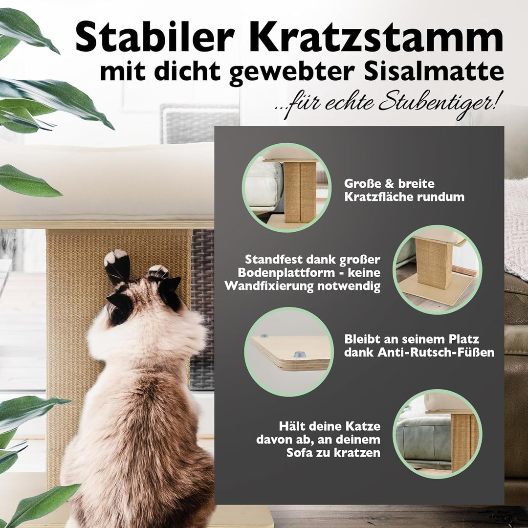 Nemmy Premium Kratzbaum klein beige | Stabiler Kratzstamm extra breit | Katzenbett mit Kissen | Katz