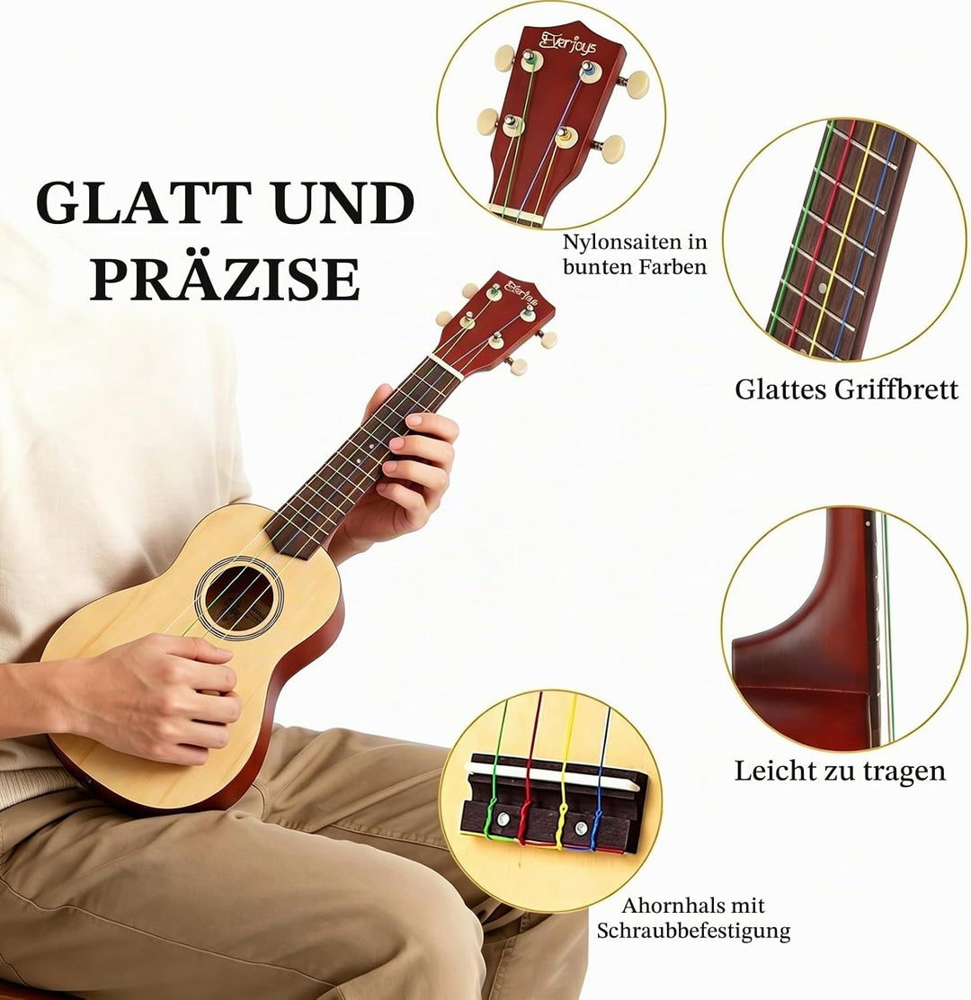 Everjoys Sopran Ukulele Set für Erwachsene 21 Zoll Ukulele Starter Kit mit Tasche, Tuner, Songbook,