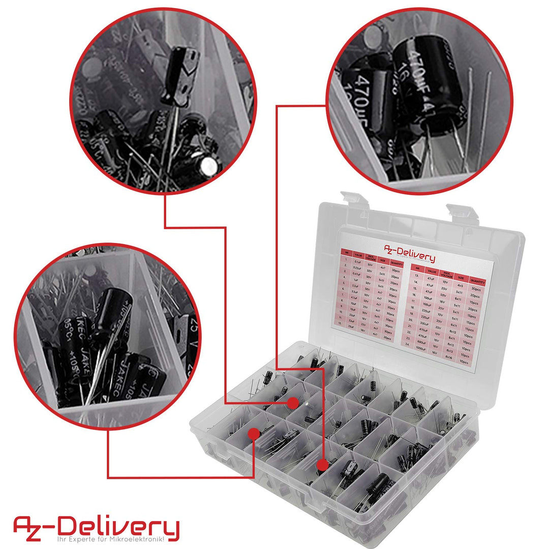 AZDelivery 3 x ElKo Sortiment Elektrolytkondensator Aluminium 24 Werte 500 Stück 0.1uF – 1000uF mit