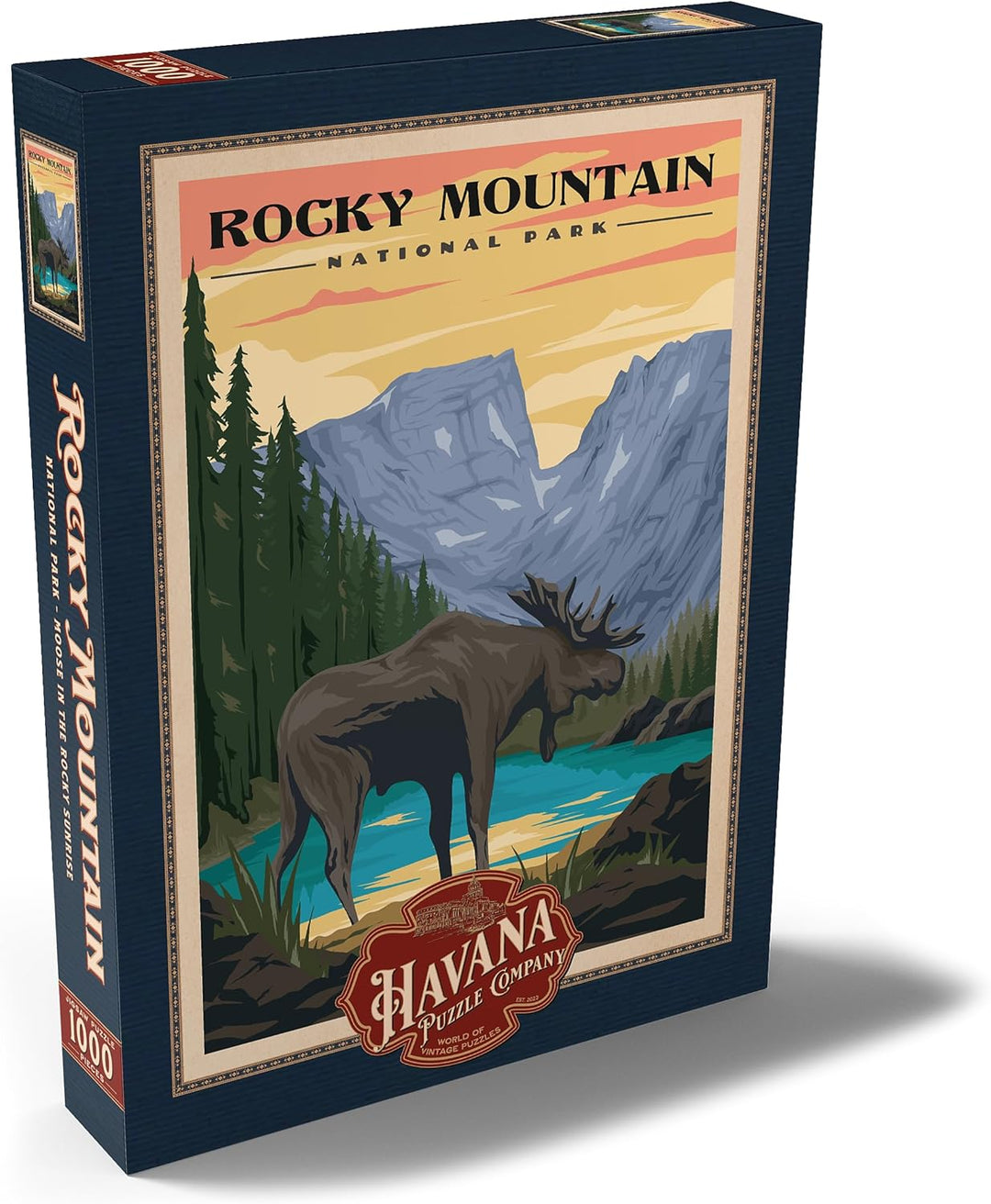 Rocky Mountain National Park - Moose in The Rocky Sunrise, Vintage Travel Poster - Premium 1000 Teil
