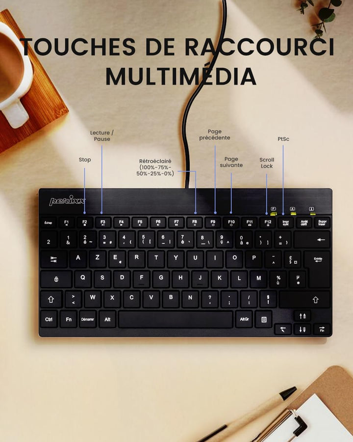 perixx PERIBOARD-426 Mini-Tastatur mit USB-Kabel, Französisch AZERTY, Schwarz, Schwarz