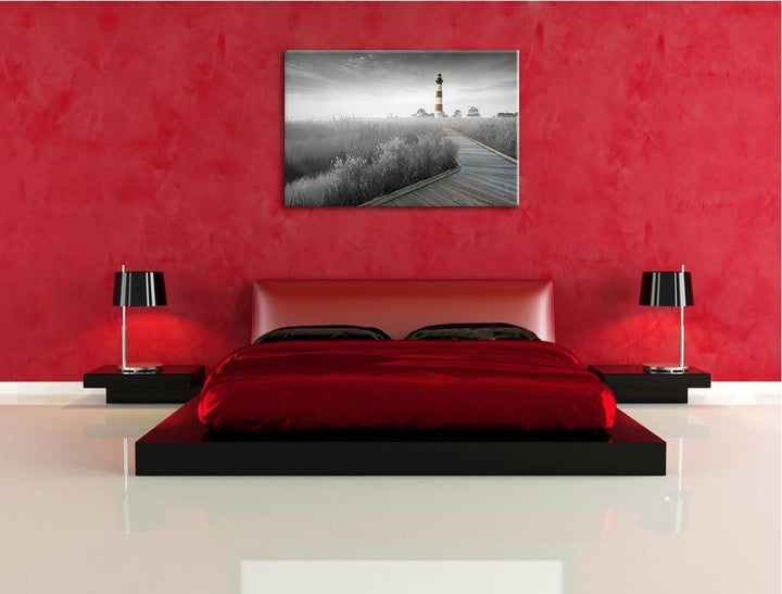 schöner Leuchtturm mit Steg schwarz/weiss Format: 100x70 auf Leinwand, XXL riesige Bilder fertig ger
