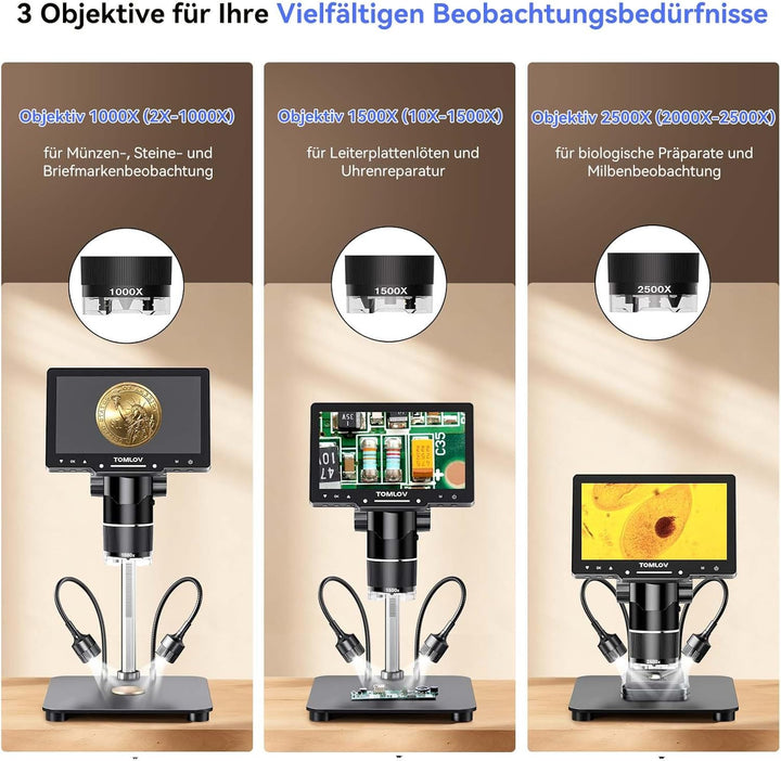 TOMLOV TriL107 3 Objektiv Mikroskop Digital: 7" 2K IPS HDMI 2500X Münzlupe für Ganzmünzansicht mit 1