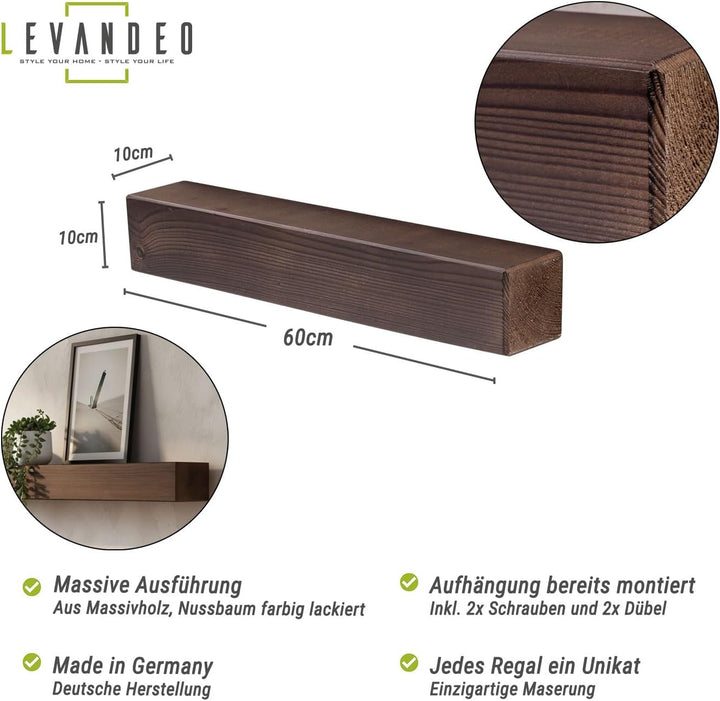 levandeo Wandregal Holz Massiv 60x10cm Nussbaum Farbig Wandboard Vintage Rustikal Design Natur Regal