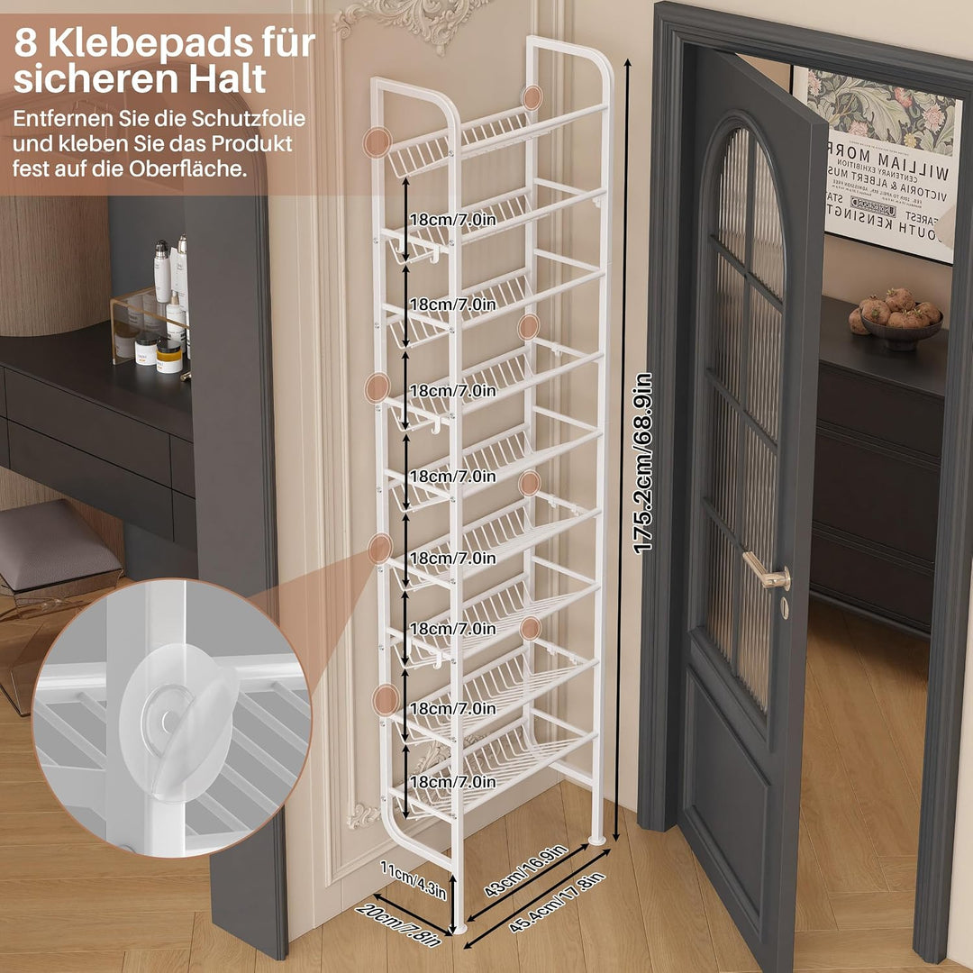 Tür Schuhregal, 9 Ebenen Metall Schuhablage Hinter der Tür, Offener Platzsparend Schuhschrank Schräg