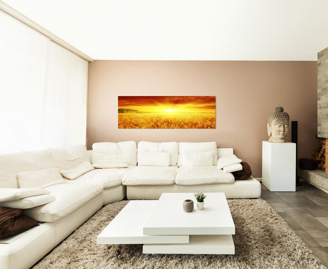 Paul Sinus Art Panoramabild auf Leinwand und Keilrahmen 150x50cm Kornfeld Sonnenuntergang Spätsommer