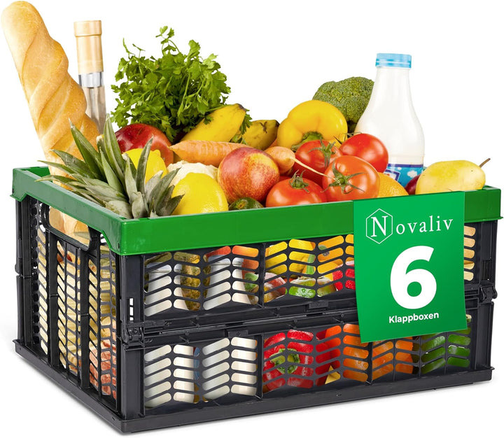 Novaliv Klappboxen faltbar stabil | 6x 30L Grün Schwarz baskets Einkaufskiste| Klappkisten Set Trage