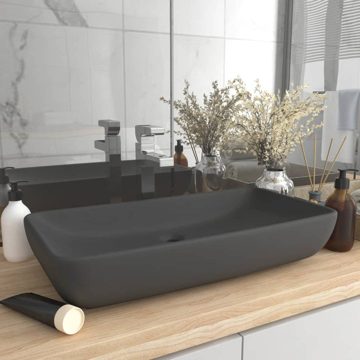 Luxus-Waschbecken Rechteckig Matt Dunkelgrau 71x38 cm Keramik Waschbecken Waschtisch Aufsatzwaschbec
