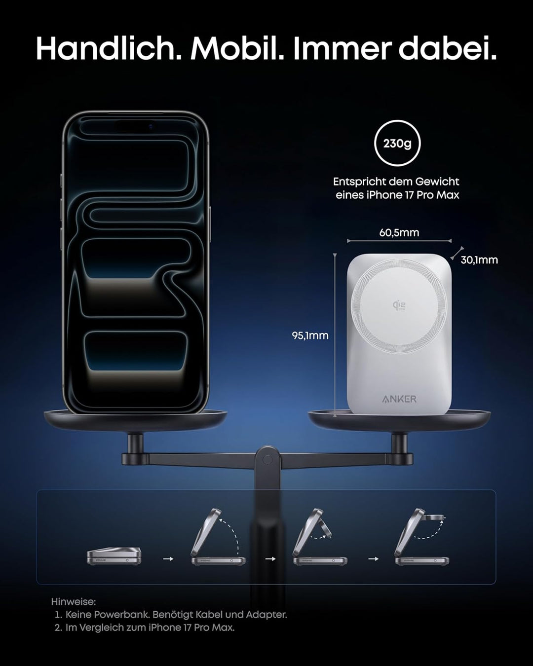 Anker Prime 3-in-1 Ladestation, AirCool kabelloses Ladegerät, 25W Qi2.2-Zertifiziert, kompakt & falt