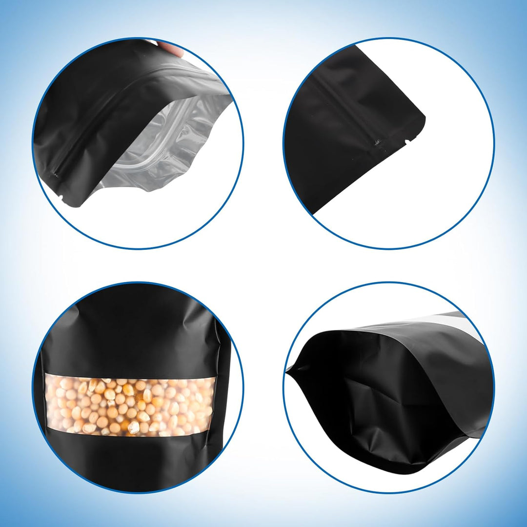 MIVIDE 100 Stück Wiederverschliessbare Mylar Beutel, 15 x 22 cm Standbodenbeutel mit Fenster Schwarz