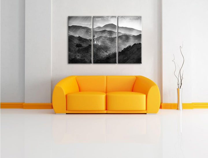 Pixxprint Buddha Bild im Tal der Dunkelheit Kunst B&W 3-Teiler Leinwandbild 120x80 Bild auf Leinwand