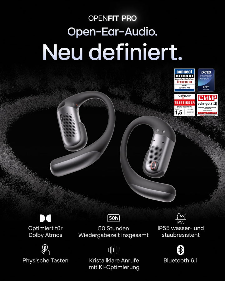 SHOKZ OpenFit Pro Open-Ear-Kopfhörer mit Open-Ear Geräuschreduzierung, Optimised for Dolby Atmos, Ti