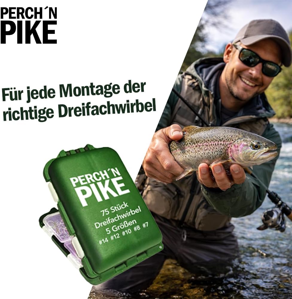75 Dreifachwirbel im Set inkl. Box Duo-Lock Snap, 3-17 kg, Angelwirbel Set zum Spinnfischen, 5 Gröss