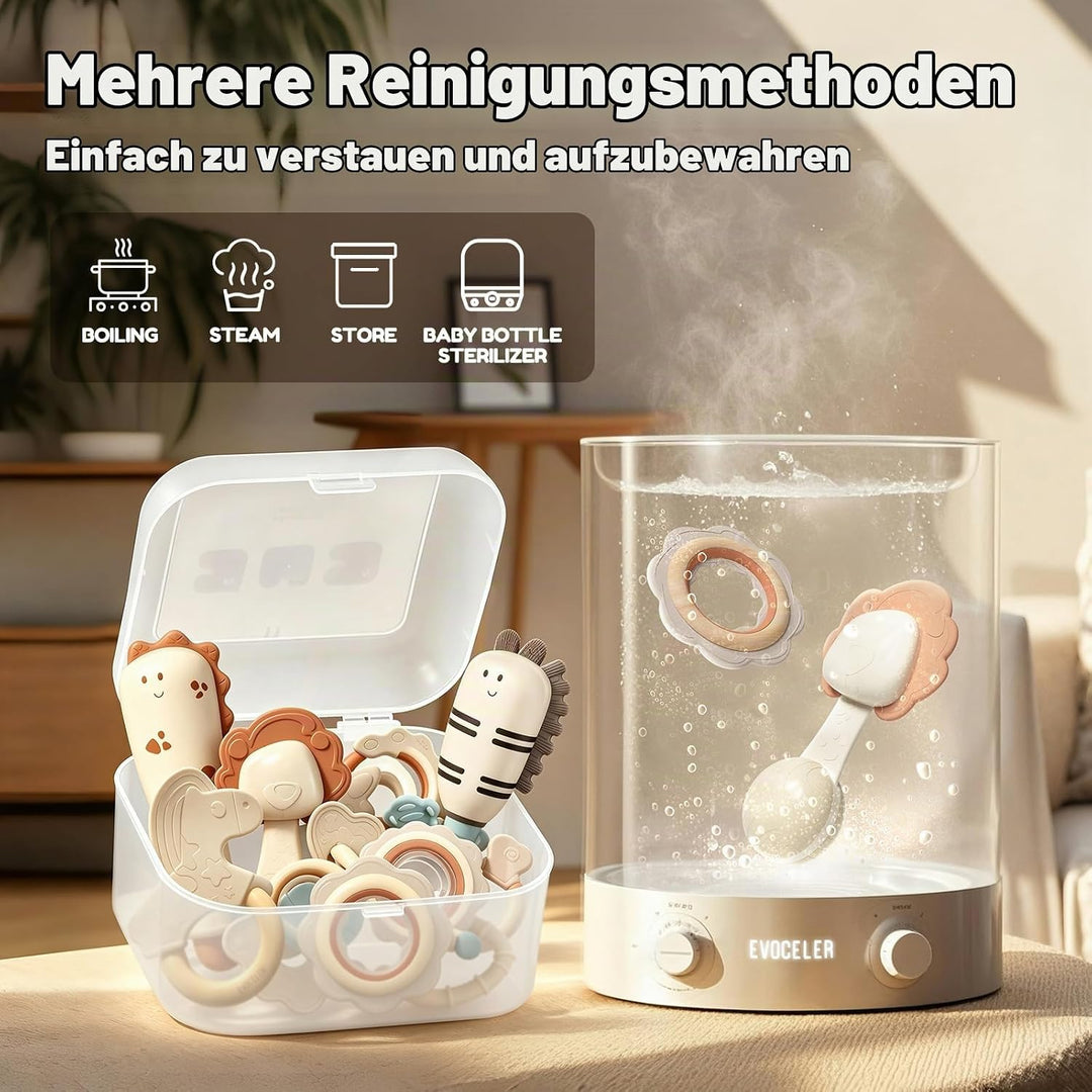 Evoceler Baby Rassel Beissring Set, Baby Spielzeug 0-6 Monate, Sensorik Montessori Spielzeug, Shaker