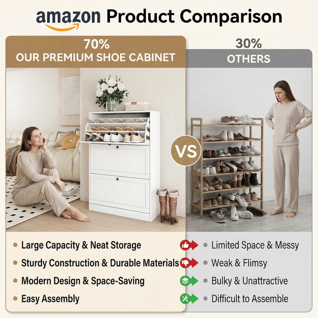 VOWNER Schuhschrank mit 3 Klappen, Schuhregal Schuhkipper Schmal, Schuhschrank Weiss, mit 9 Fächern,