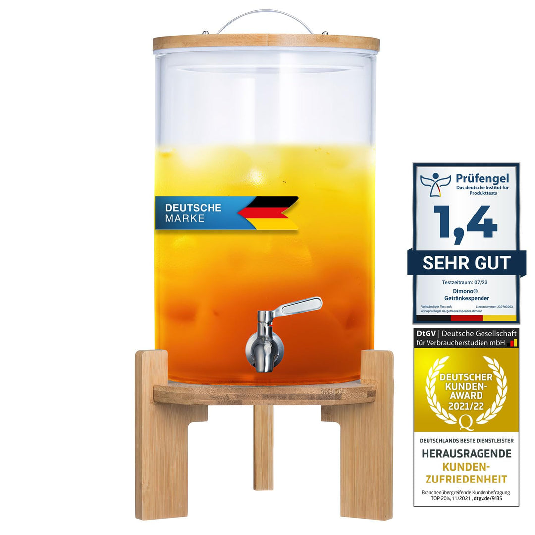 Premium Getränkespender mit Zapfhahn aus Edelstahl & Bambus-Ständer – 8L Wasserspender Glas für eisk