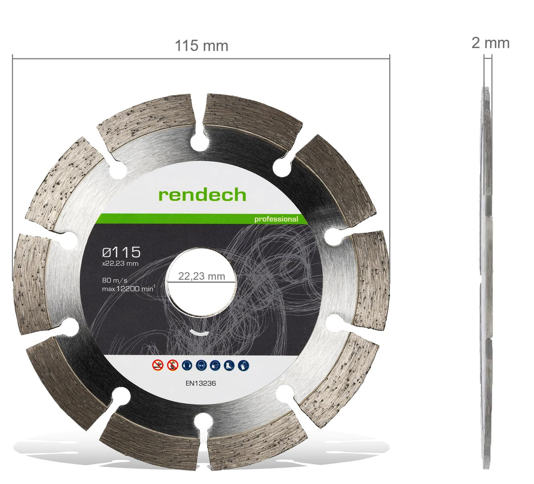 rendech® Profi Diamantscheibe 115mm für Beton, Mauerwerk, Granit, Stein, Ziegel uvm. - Diamanttrenns