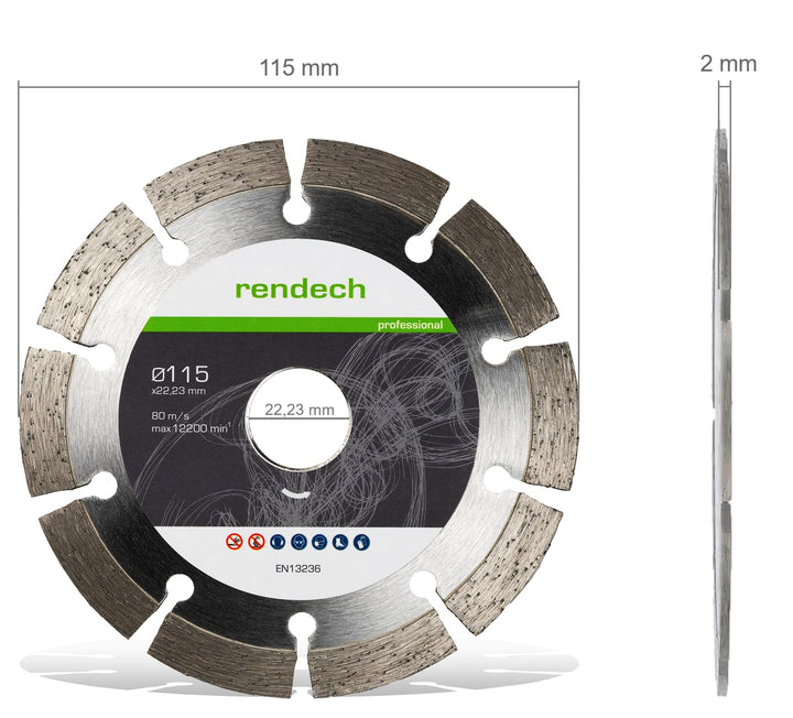 rendech® Profi Diamantscheibe 115mm für Beton, Mauerwerk, Granit, Stein, Ziegel uvm. - Diamanttrenns