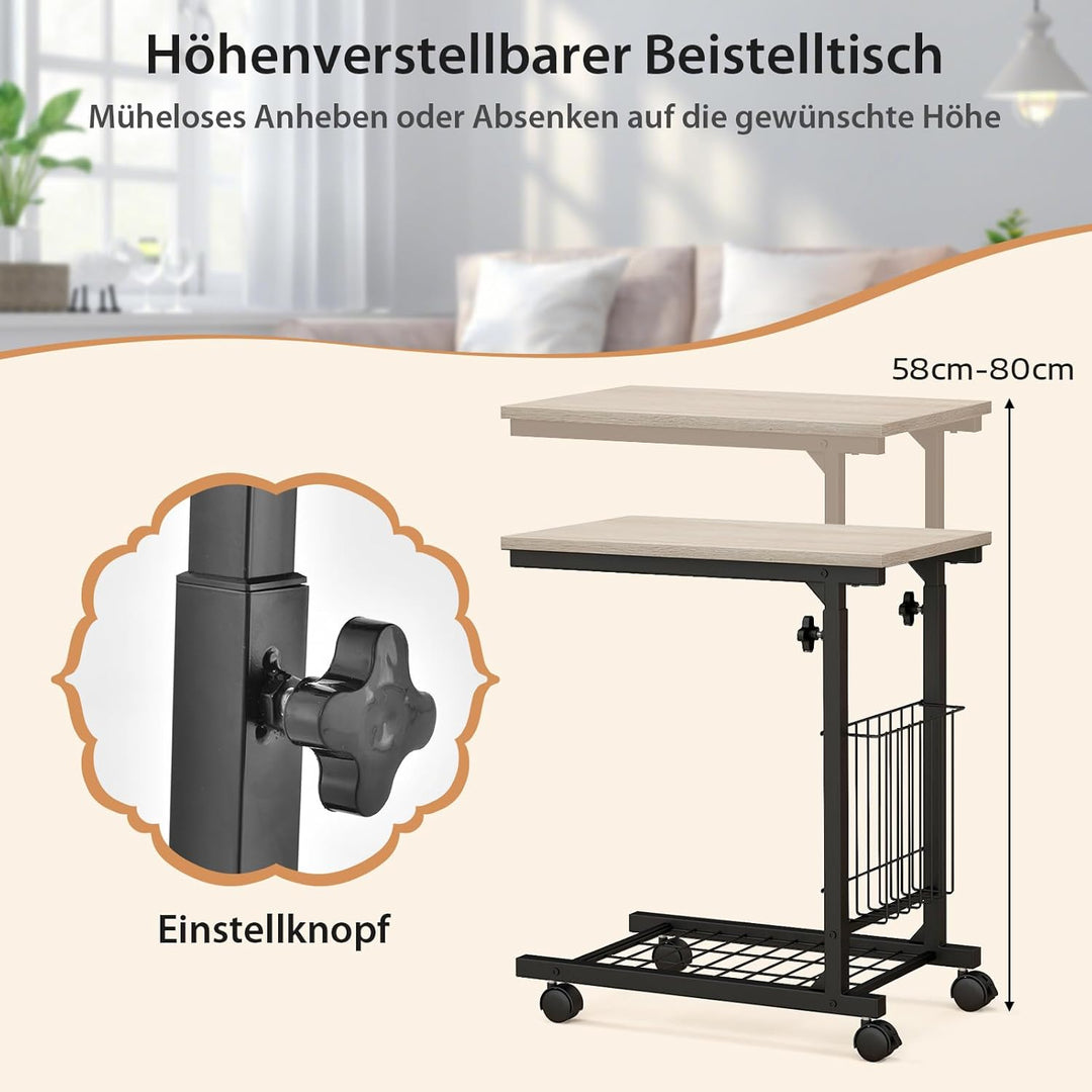 COSTWAY Beistelltisch mit Rollen, Laptoptisch höhenverstellbar, mit Aufbewahrungskorb, Sofatisch C-F