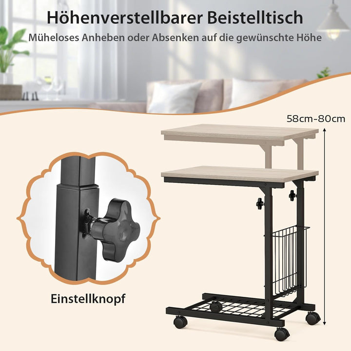 COSTWAY Beistelltisch mit Rollen, Laptoptisch höhenverstellbar, mit Aufbewahrungskorb, Sofatisch C-F