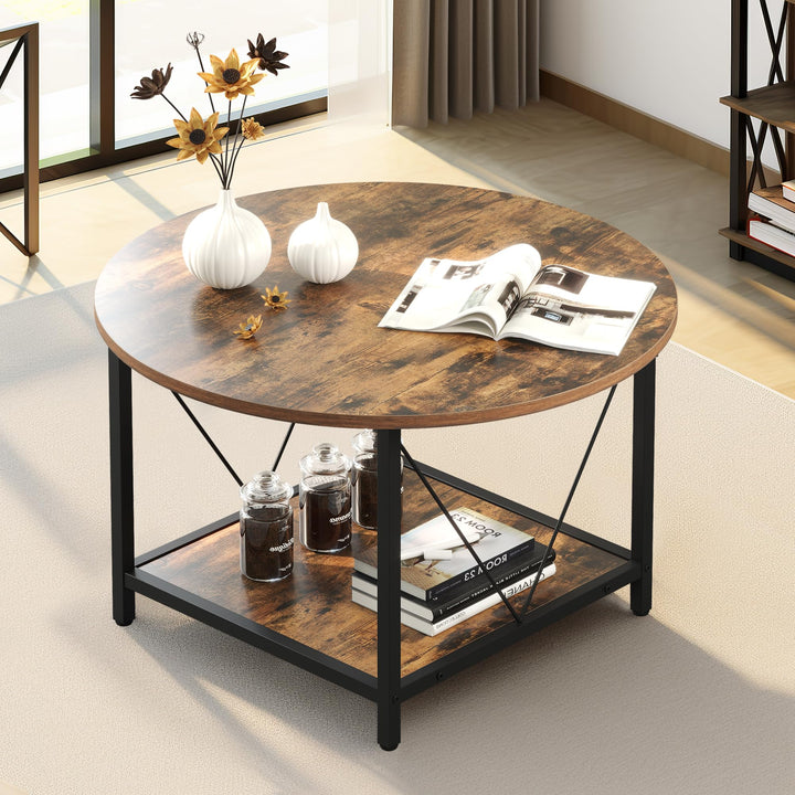 YITAHOME Runder Couchtisch, 80x80x46cm Rustikaler Wohnzimmertisch aus Holz für Wohnzimmer mit Ablage