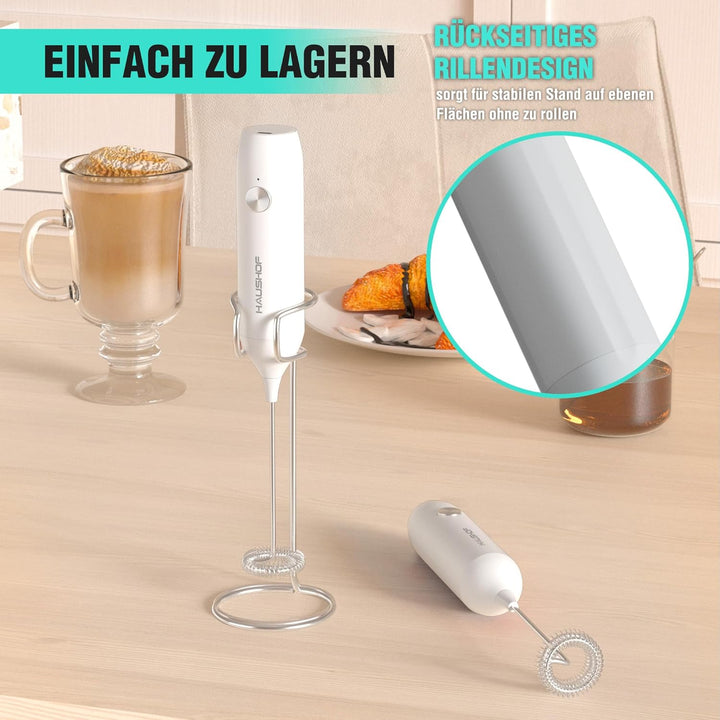 HAUSHOF Milchaufschäumer Stab, Wiederaufladbarer Hand-Milchschäumer, mit Schneebesen aus Edelstahl,