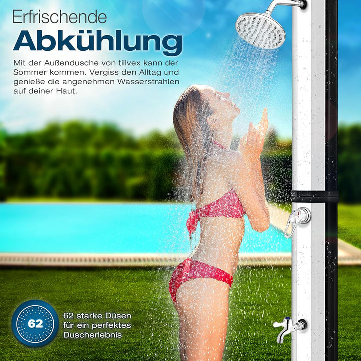 tillvex Solardusche 35 Liter inkl. Schutzhaube | Solar Garten-dusche warmes Wasser | Pooldusche Camp