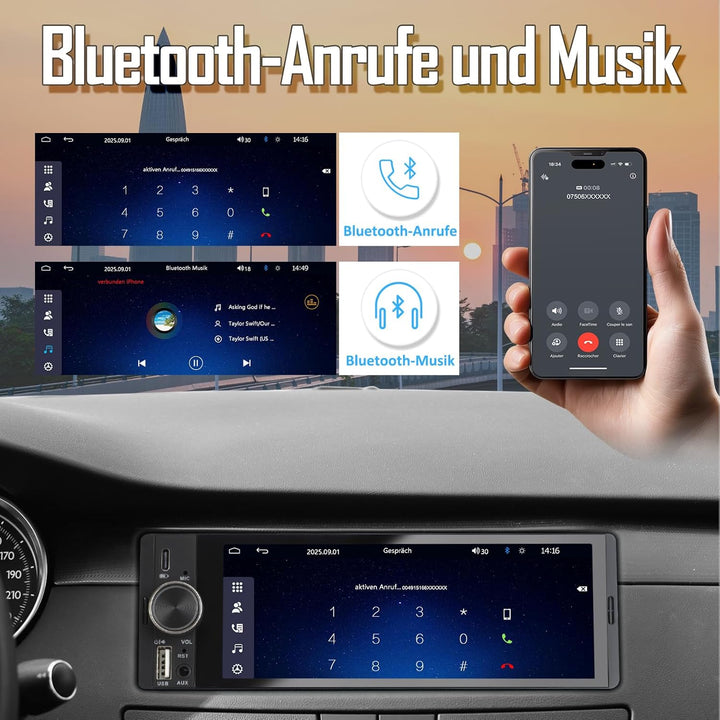 1 DIN Autoradio mit Wireless CarPlay & Android Auto, 6,36 Zoll Auto Radio mit Bildschirm, GPS Naviga