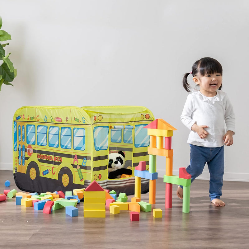 Relaxdays Pop Up Spielzelt Schulbus, Zelt fürs Kinderzimmer, HBT: 70 x 110 x 70 cm, Kinderzelt drinn